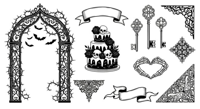 Set of black and white gothic design elements for Halloween, featuring a thorny arch, skull cake, vintage keys, and ornate frames.