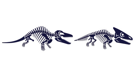 Two detailed dinosaur skeletons, a Spinosaurus and a Triceratops, depicted in dark blue on a white background. © Adi