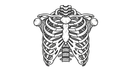 Anatomical illustration of the human rib cage, sternum, and clavicles in a detailed black and white drawing.