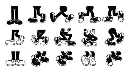 Black and white cartoon legs and feet in various poses, illustrating different walking and standing actions. © Mira