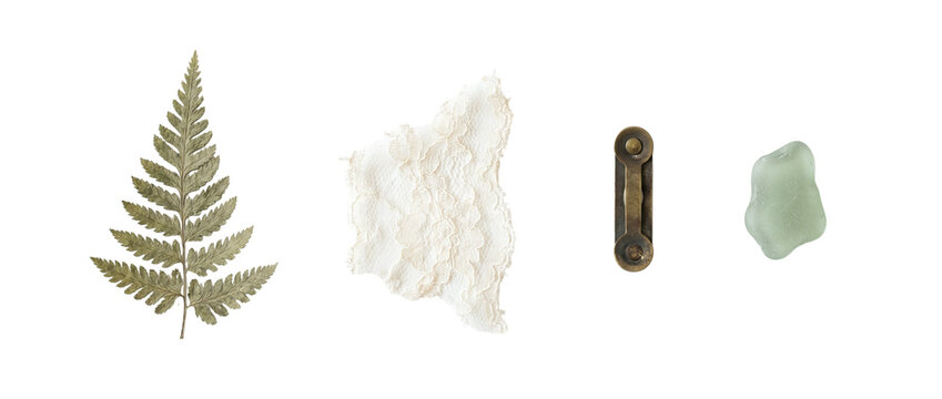 Pressed fern leaf with torn lace fabric, vintage metal fastener and green sea glass, isolated on transparent background. Botanical collage ephemera for vintage design