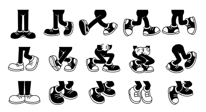 Black and white cartoon legs and feet in various poses, illustrating different walking and standing actions.