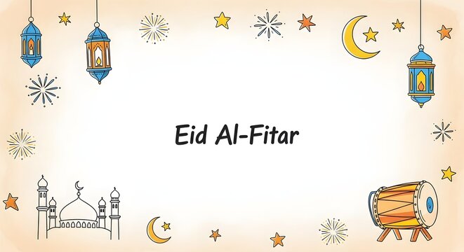 Hand Drawn Festive Eid Al Fitr Celebration Background Featuring Mosque Lanterns Crescent Moon and Star Illustration