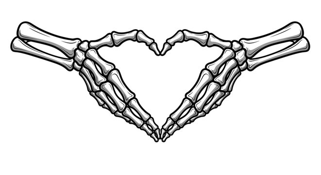 Two detailed skeleton hands forming a heart shape, symbolizing love or affection in a gothic or Halloween style.