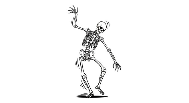 Black and white illustration of a dancing human skeleton with dynamic pose on a plain background.