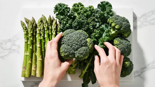 Hands arranging green vegetables with minimalist styling
