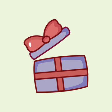A charming hand drawn illustration of an open purple gift box with a red ribbon bow. Ideal for holiday surprises, Christmas morning themes, and birthday designs.