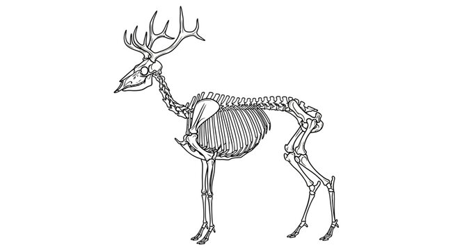 Detailed anatomical illustration of a deer skeleton showing its complete bone structure.