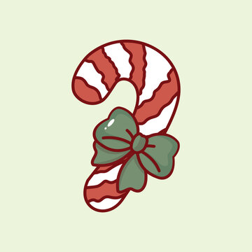 A charming hand drawn illustration of a red and white striped candy cane adorned with a green bow. Perfect for festive Christmas stickers, cards, and patterns.