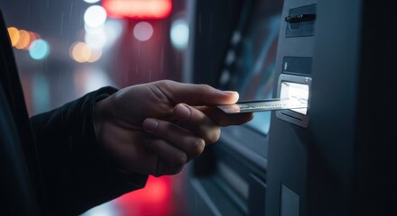 Person Inserting Credit Card into ATM at Night in Rain