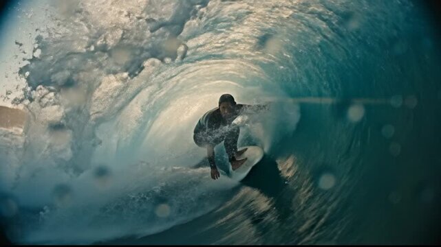 Professional surfer riding inside a massive tube wave with his hand dragging on the water surface. Intense backlight from the golden sun creates beautiful lens flare and an epic, cinematic feeling