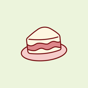 A simple hand-drawn illustration of a slice of white cake with strawberry cream filling on a pink plate. Ideal for dessert menus, bakery branding, and stickers.