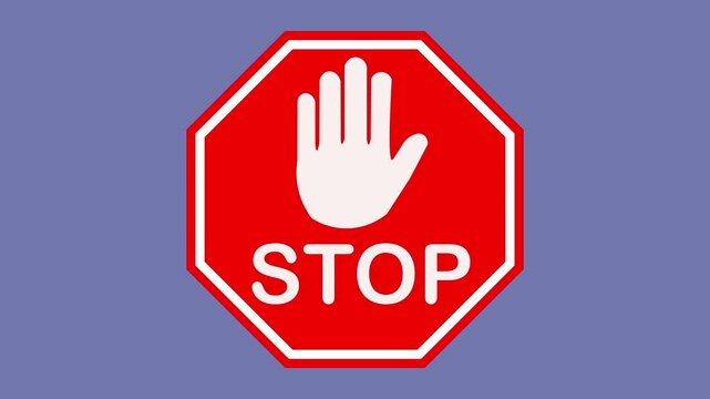 Animated red stop road sign with hand symbol. Traffic control and safety warning concept for transportation, rules, and public signage
