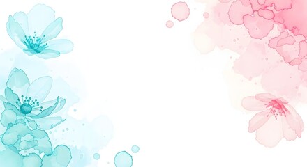 Elegant pastel watercolor floral background featuring pink turquoise blossoms with artistic paint splashes for wedding invitation templates