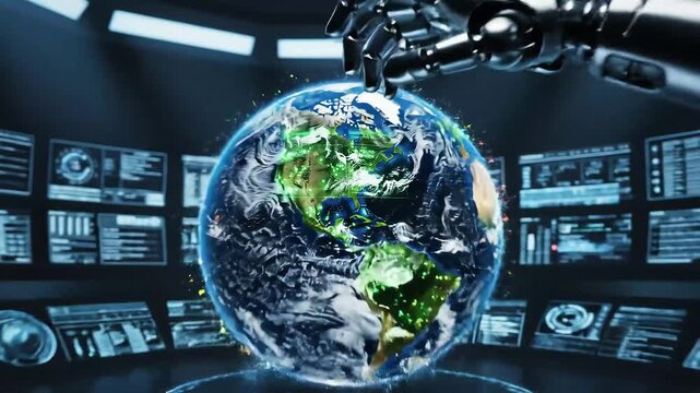 Robotic hand guiding climate policy implementation across global interface