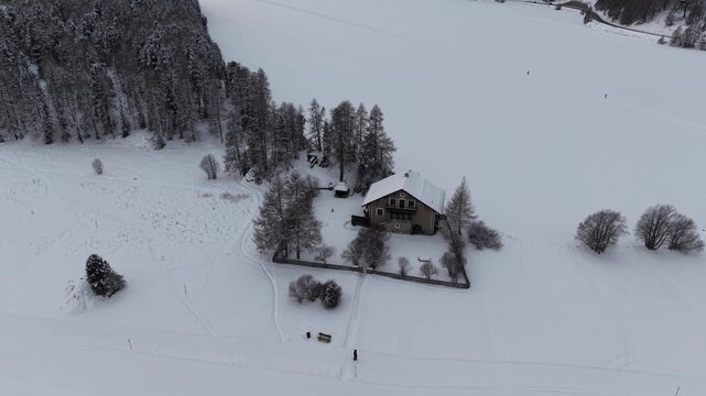 Aerial view of a solitary house surrounded by snow-laden trees, creating a stark contrast against the white landscape, Sils im Engadin/Segl, Switzerland.