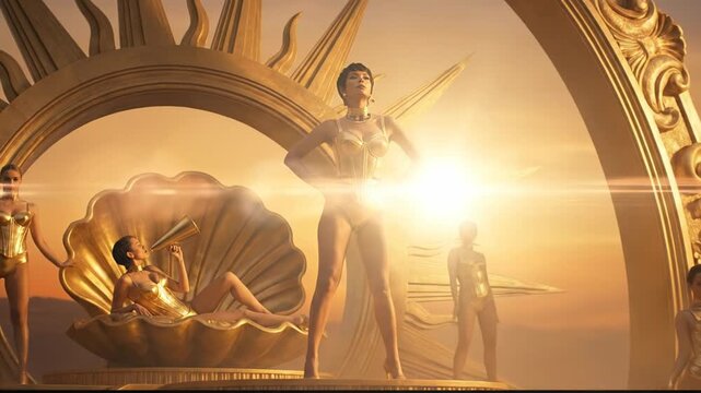 Group of beautiful female dancers wearing golden outfits performing on a majestic, sun themed stage during a spectacular sunset, evoking a sense of luxury, fantasy, and power