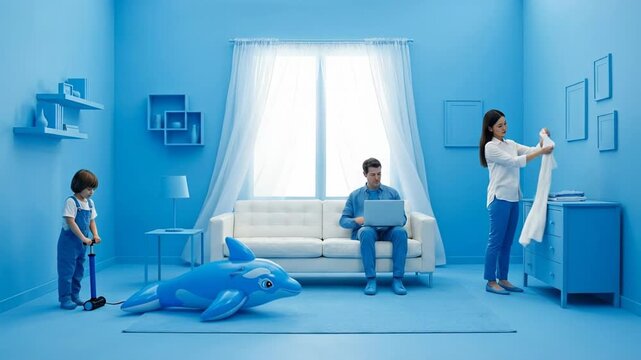 Family enjoying daily life in a surreal, monochromatic blue living room, where a boy inflates a dolphin, a man works on a laptop, and a woman folds laundry on a dresser