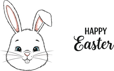 Adorable white bunny portrait peeking from the side next to stylized happy easter greeting isolated on a clean white background for springtime celebration designs
