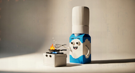 Anthropomorphic milk carton chef cooking on a mini stove, fun food concept