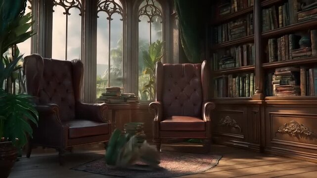 A cozy library with leather armchairs, bookshelves, and large gothic windows overlooking a garden