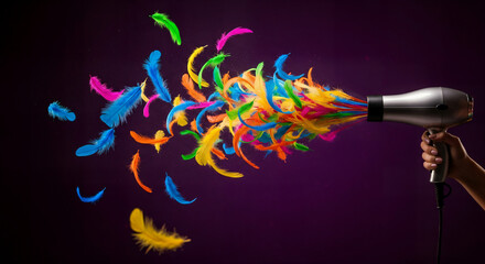 Hand holding a hairdryer blowing colorful feathers in a vibrant explosion