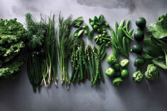 A vibrant arrangement of fresh green vegetables, showcasing various types like asparagus, lettuce, and peas, ideal for healthy eating and culinary art.