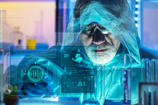 AI, illegal lab, laboratory, scientific concept of surveillance detecting clandestine chemical activity as a hooded chemist works with glassware in blue light.