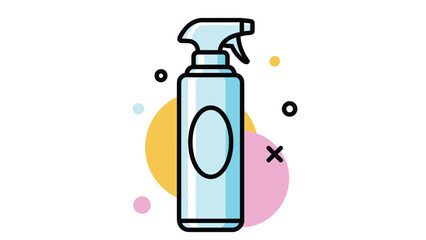 Functional spray bottle illustration in light blue with playful colored circles and symbols in the background design.