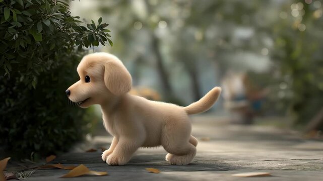 Cute 3D Cartoon Puppy Walking in Peaceful Paris Park