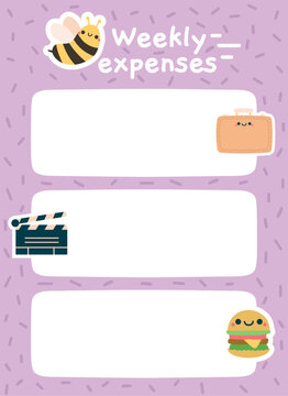 Weekly expenses planner with cute cartoon icons