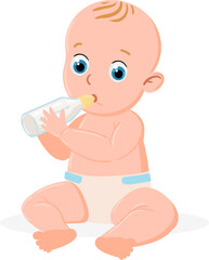 Cute baby sitting and drinking milk from a bottle
