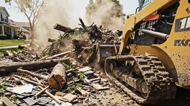 Construction equipment works diligently to remove fallen branches and broken materials from a residential area following a recent storm. Dust fills the air as the cleanup unfolds.