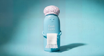 Cute cartoon milk bottle with shower cap holding a towel, clean freshness concept