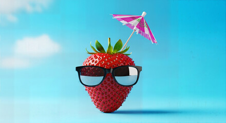 Strawberry wearing sunglasses and holding a cocktail umbrella, summer fun