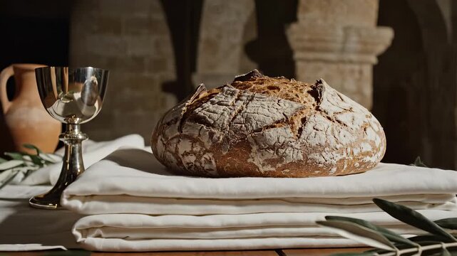 Rustic bread loaf, silver chalice, clay pitchers. Ancient stone building background. Religious communion concept
