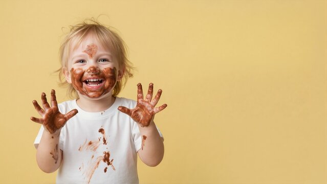 Messy toddler with chocolate on face and hands. Happy child showing dirty palms after eating sweets. Yellow background with copy space