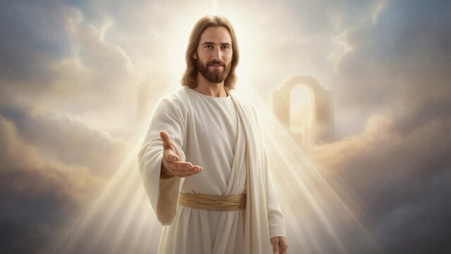 Jesus Christ reaching out his hand in heaven. Divine savior welcoming with open arms. Christian faith and hope concept