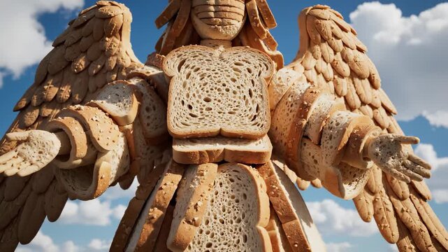 The sculpture is an angel made entirely of bread, showcasing textured slices and a unique design. This bread angel features outstretched arms and an intricate structure of toasted bread.