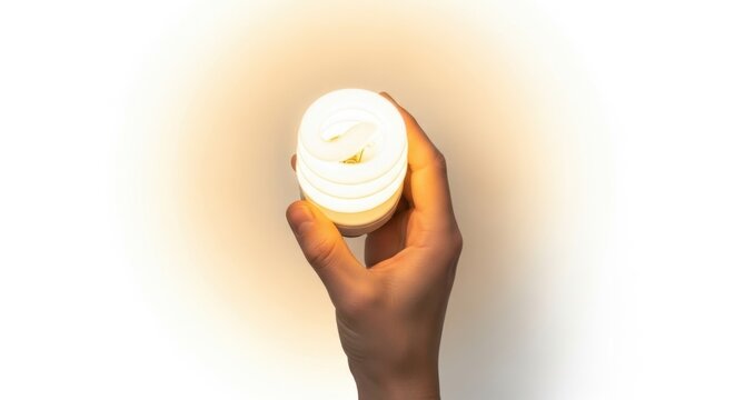 Top View of Hand Holding Luminous Energy Saving Light Bulb on White Background for Idea
