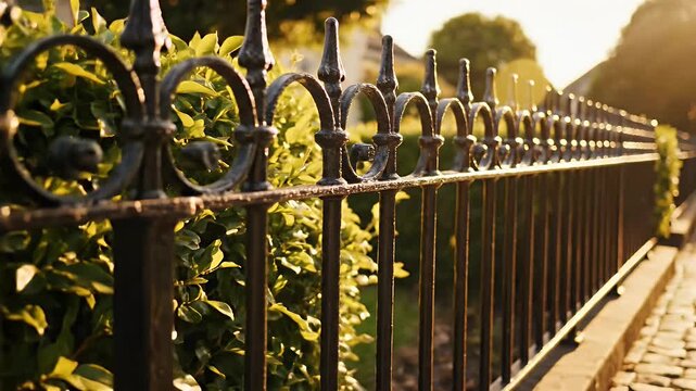 A sunlit cobblestone path beside a long ornate iron fence receding into golden hour light