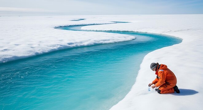 A researcher in an orange survival suit collects water samples from a vibrant blue meltwater river on an arctic ice sheet.
