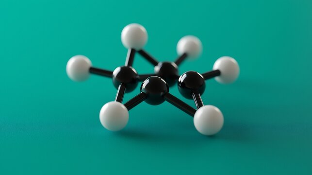 Vibrant 3D molecular model of hydrocarbon with single and double bonds on a bright teal background