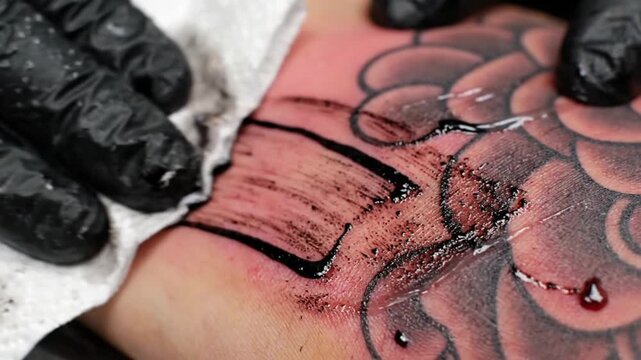 Close-up of a tattoo artist working on a new tattoo on a person's arm, showing fresh black ink and irritated skin during the process.