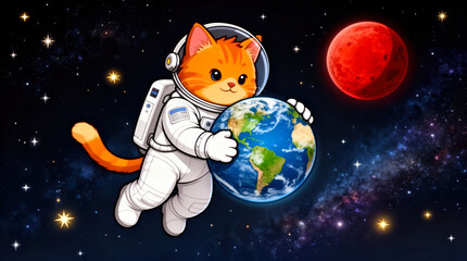 Fototapeta premium Playful orange cat astronaut hugging Earth while floating in star-filled space with red moon backdrop