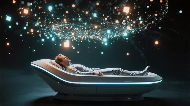 Advanced man lying in a futuristic pod and connecting to a virtual reality through a neural interface, experiencing a digital simulation with abstract data particles floating around him