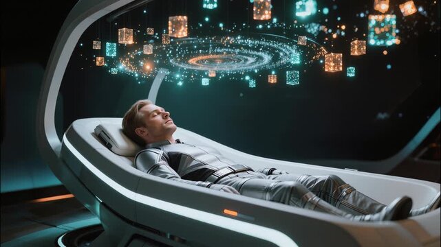 Male astronaut in a silver spacesuit resting inside a cryogenic chamber, with a swirling holographic display of data cubes and particles floating above him in a high tech spaceship interior