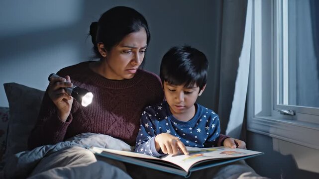 In a cozy bedroom, a mother and her child share a joyful moment, reading together by the gentle light of a flashlight. Their faces glow with excitement and curiosity as they explore the pages.