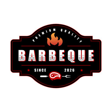 Meat skewered on a fork with a burning fire a logo design for restaurant