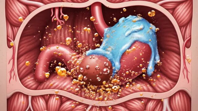 Stomach protected by a blue layer from corrosive acid, illustrating digestive health, heartburn, and acid reflux relief concept.